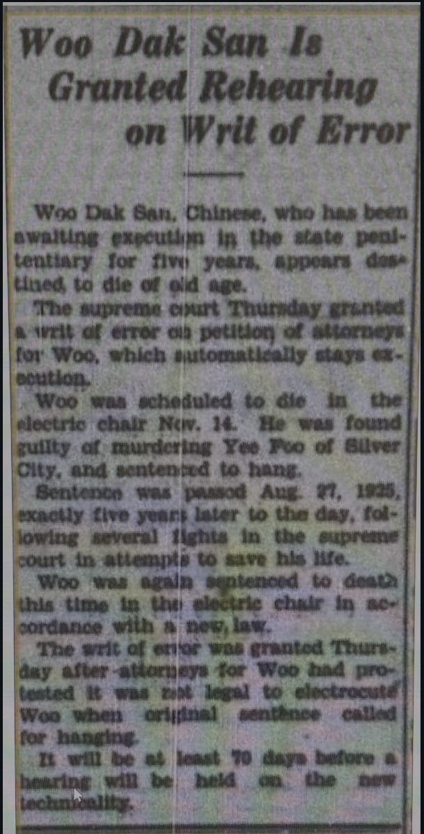 Woo Dak San is Granted Rehearing on Write of Error. [Source: The Silver City Enterprise] (November 7th 1930)